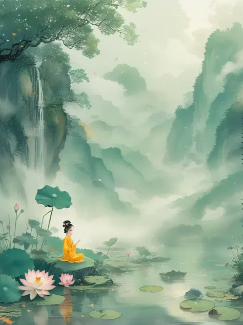 sensible, girl in lotus pose, suspended on a mossy stone，surrounded by a floating lotus, in an old forest with dense leaves, the...