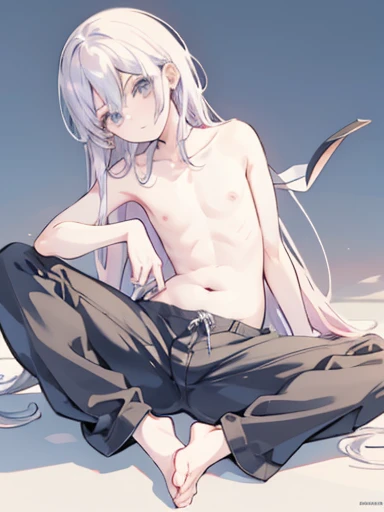 masterpiece, highest quality,Upper body naked,Boomerang Pants、Anime Boys,,no background,  flat chest,Full body illustration, Shortcuts,Sideburns, Full body portrait, anime ,Casual clothing,Lying on the ground,spread legs