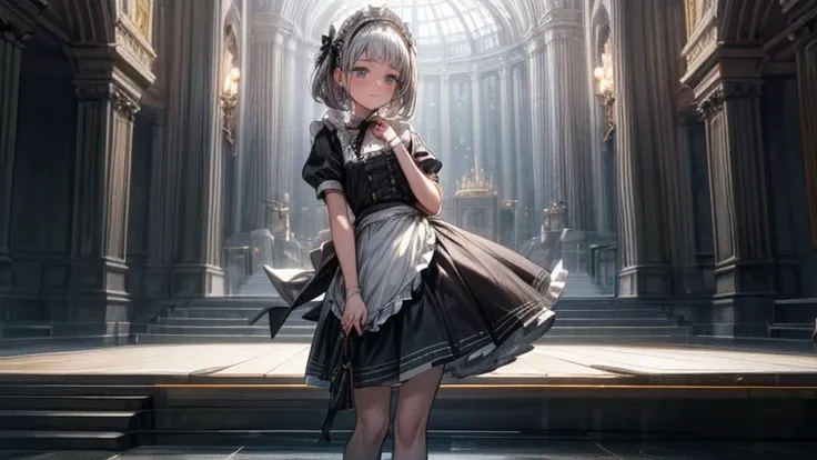 Garden, European style, Tea party, Are standing, Outdoor, (masterpiece, highest quality, Absurd), One girl, Gray Hair, Short Straight Hair, Blunt bangs, Flat Chest, Tight waist, Grey Eyes, petal, Pale skin, Maid, Maid headdress, Maid apron, Cowboy Shot, bl...