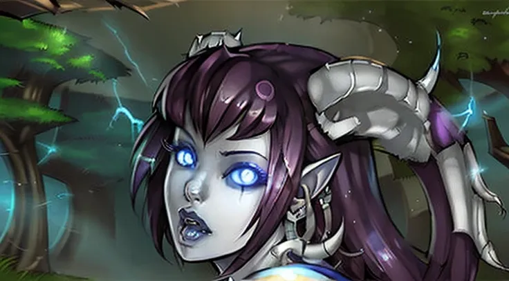 monara from world of warcraft, short purple hair, horns, blue glowing eyes, warcraft league of legends splash art