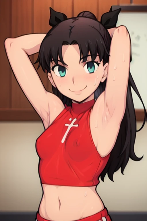 masterpiece, best quality, looking at viewer, upper body, portrait, looking at viewer, seductive smile, put your hands behind your head, armpits, armpits visible, sweaty armpits, tohsaka rin, very small breasts, long black hair, wearing red croptop outfit,...