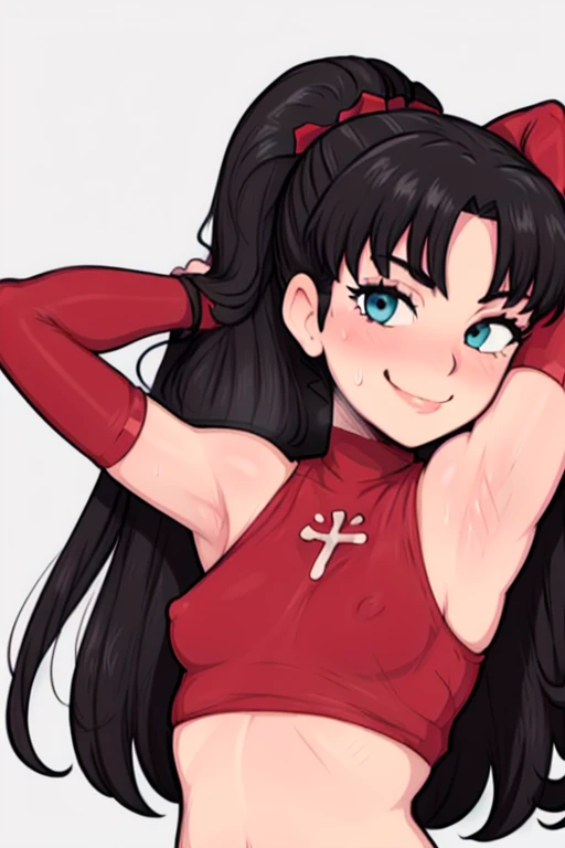 masterpiece, best quality, looking at viewer, upper body, portrait, looking at viewer, seductive smile, put your hands behind your head, armpits, armpits visible, sweaty armpits, tohsaka rin, very small breasts, long black hair, wearing red croptop outfit,...