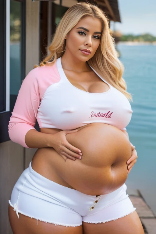 Milf Brazilian woman, Braziliangirl, blonde hair, snow white skin, (wearing casual clothes, pink jersey, white shorts:1.3), fully cloth, (seaside ambiance), (confident stance), (alluring allure), (impeccable craftsmanship), (exquisite attention to detail),...