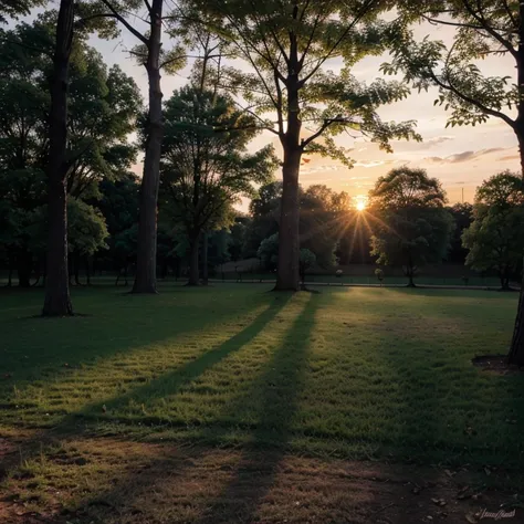 Sunset in park surrounded by beautiful dark trees,