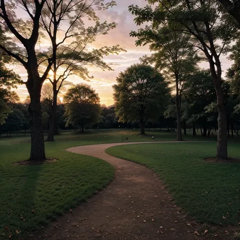 Sunset in park surrounded by beautiful dark trees,