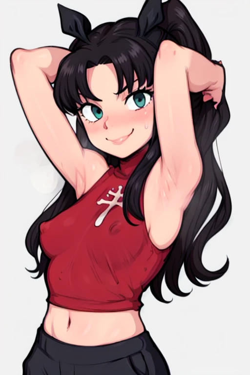 masterpiece, best quality, looking at viewer, upper body, portrait, looking at viewer, seductive smile, put your hands behind your head, armpits, armpits visible, sweaty armpits, tohsaka rin, very small breasts, long black hair, wearing red croptop outfit,...