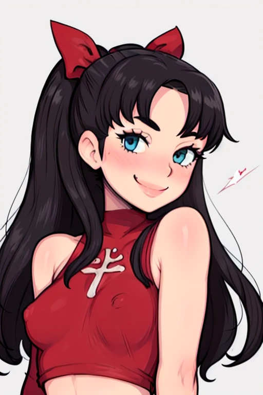 masterpiece, best quality, looking at viewer, upper body, portrait, looking at viewer, seductive smile, grope her own breast, tohsaka rin, very small breasts, long black hair, wearing red croptop outfit, ponytail