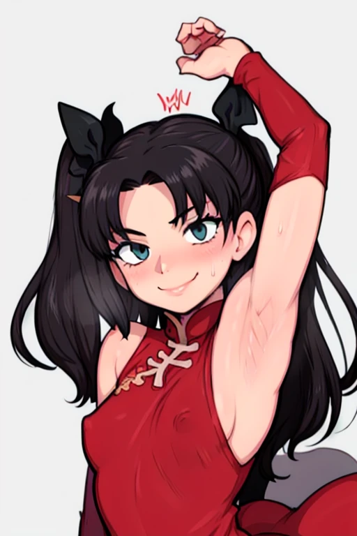 masterpiece, best quality, looking at viewer, upper body, portrait, looking at viewer, seductive smile, put your hands behind your head, armpits, armpits visible, sweaty armpits, tohsaka rin, very small breasts, long black hair, wearing red chinese dress, ...