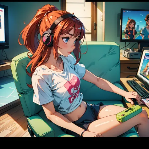 a girl in panties and a t-shirt sitting on a chair in front of a TV and playing PlayStation holding a controller and wearing a gaming headset on her head, wide hips, big chest, transparent, wet chest. side view.  