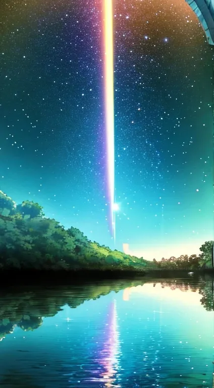 Romantic train，Makoto Shinkai anime，Makoto Shinkai anime art，Walk through the waters，Rainbow after rain，starry sky bright