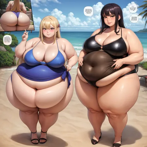 A harem of young women in bikinis, your harem of wives foubd out you like bigger women and are competing to be the fattest, massive bloated overstuffed very heavy belly, hyper massive fat tall wide round heavy heart shaped bubble butt, very wide fat hips, ...