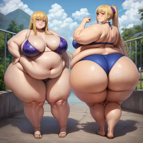 A harem of young women in bikinis, your harem of wives foubd out you like bigger women and are competing to be the fattest, massive bloated overstuffed very heavy belly, hyper massive fat tall wide round heavy heart shaped bubble butt, very wide fat hips, ...