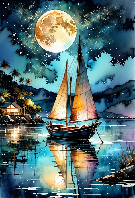 Beautiful boat on sparkling moonlit waters. Nighttime Digital watercolor Illustration of a summerscape sunset, by Waterhouse, Carne Griffiths, Minjae Lee, Ana Paula Hoppe, Stylized watercolor art, Intricate, Complex contrast, HDR, Sharp, soft Cinematic Vol...