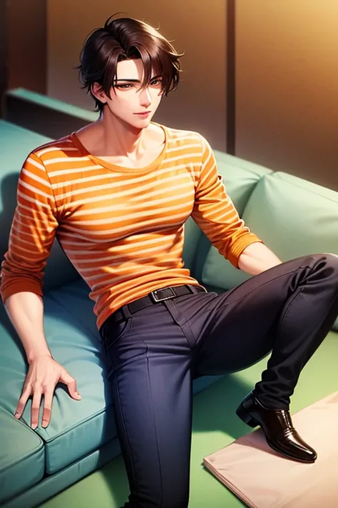 A handsome man in his 20s with a delicate appearance, com calda e orelhas de tigre e cabelos laranjas, lying on a sofa in a living room wearing an orange striped shirt. 