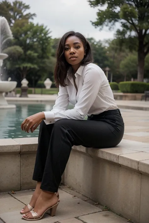 Beautiful black woman in shirt and pants sitting on the edge of a fountain looking at the ground discouraged