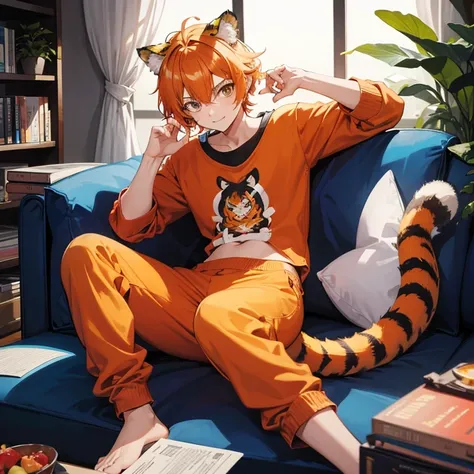 Um homem com 20 anos, tiger ears and tail and orange hair sitting on the sofa 