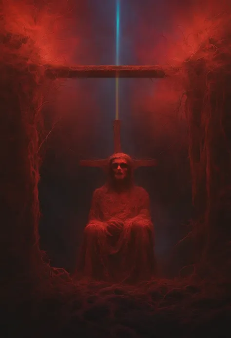 zdzislaw beksinski, (Infrared:1.2), ultra detailed, intricate, oil on canvas, ((realistic, ultra sharp)), beksinski style painting, satanic cross, full body in frame, centered body, realistic, dynamic pose, perfect face, perfect eyes, sharp focus, rainbow ...