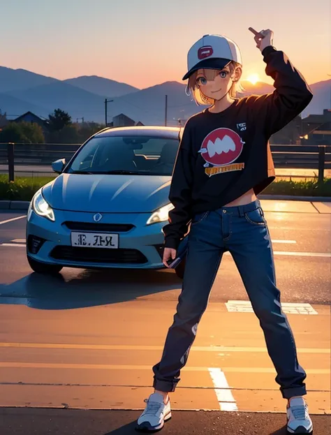 a happy ，dressed in casual attire，ride a small electric car，with a baseball cap，the background is the village，sunset and sunset，...