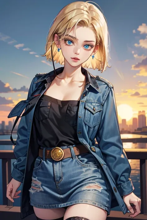 android 18, android 18, blonde hair, blue eyes, eyelash, hoop earrings, short hair, earrings, break belt, black legwear, black shirt, breast pocket, cleavage, clavicle, denim, denim skirt, high-waist skirt, jewelry, long sleeve, pocket, shirt, shirt tucked...