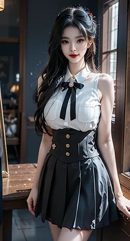 all skirts, old shirt, high waist skirt, neck ribbon, ((exposing shoulders)), ((ample breasts)), ((the skirt is short)), ((sexy ...