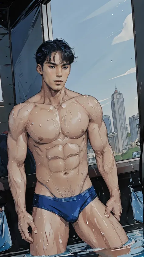 Handsome, tall, Korean man, pecs, slim legs, sexy blue underwear brief bikini, gorgeous, Wolf curtain hairstyle, Wet Body, Wet bulge, bulge, Humping back pose, Showercore, Comic Artstyle 2D