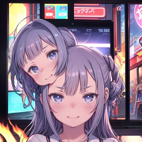 Arcade、Arcade Machines、Anime girl playing video games、Girl playing video games on an old arcade with vertical cabinets、V-shaped eyebrows、(Teehee、tehepero、licking lips)、enthusiastic、Excited state、Sweat、Wide Eyes、Flame in the eye、