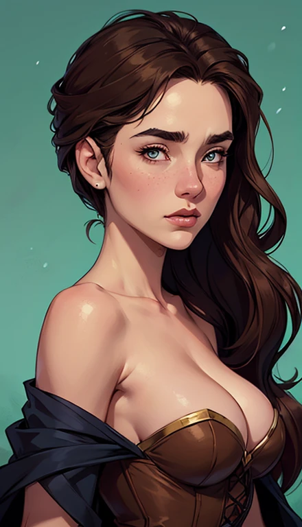 GTA character style illustration and Completely naked breasts showing a little fear Breast size Cartoon name: Isabella Cruz white background medium breasts freckled face Hermione Granger actress strong contours Physical description - long straight hair, ti...