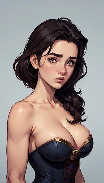 GTA character style illustration and Completely naked breasts showing a little fear Breast size Cartoon name: Isabella Cruz white background medium breasts freckled face Hermione Granger actress strong contours Physical description - long straight hair, ti...