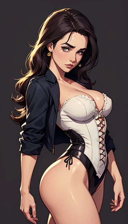 GTA character style illustration and Completely naked breasts showing a little fear Breast size Cartoon name: Isabella Cruz white background medium breasts freckled face Hermione Granger actress strong contours Physical description - long straight hair, ti...