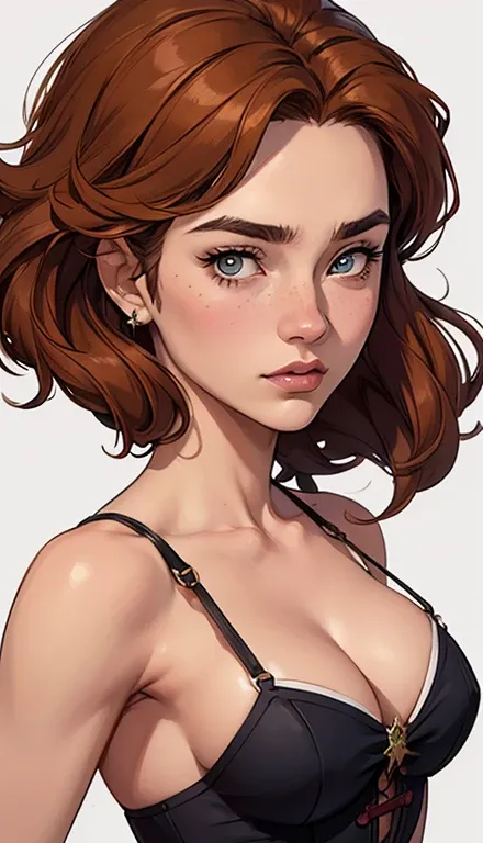 GTA character style illustration and Completely naked breasts showing a little fear Breast size Cartoon name: Isabella Cruz white background medium breasts freckled face Hermione Granger actress strong contours Physical description - long straight hair, ti...