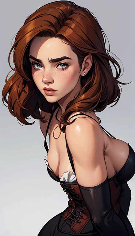 GTA character style illustration and Completely naked breasts showing a little fear Breast size Cartoon name: Isabella Cruz white background medium breasts freckled face Hermione Granger actress strong contours Physical description - long straight hair, ti...