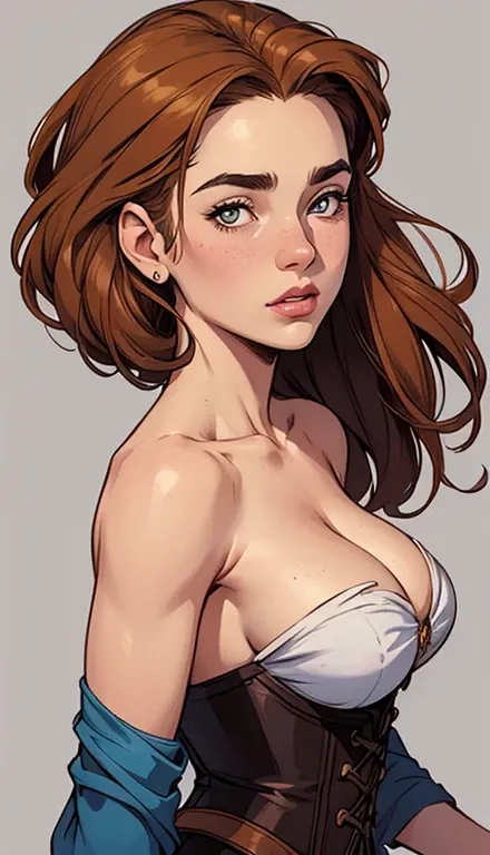 GTA character style illustration and Completely naked breasts showing a little fear Breast size Cartoon name: Isabella Cruz white background medium breasts freckled face Hermione Granger actress strong contours Physical description - long straight hair, ti...