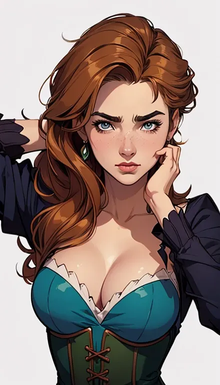 GTA character style illustration and Completely naked breasts showing a little fear Breast size Cartoon name: Isabella Cruz white background medium breasts freckled face Hermione Granger actress strong contours Physical description - long straight hair, ti...