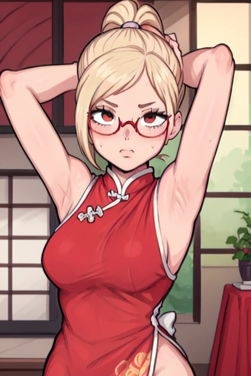 masterpiece, best quality, looking at viewer, upper body, portrait, looking at viewer, put your hands behind your head, armpits, armpits visible, sweaty armpits, Kaede Akiyama, very large breasts, long blonde hair, wearing red chinese dress, wearing glasse...