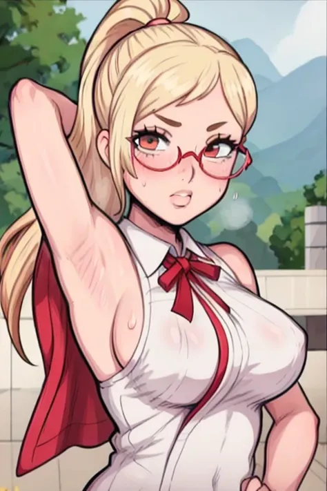 masterpiece, best quality, looking at viewer, upper body, portrait, looking at viewer, put your hands behind your head, armpits, armpits visible, sweaty armpits, Kaede Akiyama, very large breasts, long blonde hair, wearing indonesia highschool outfit, wear...