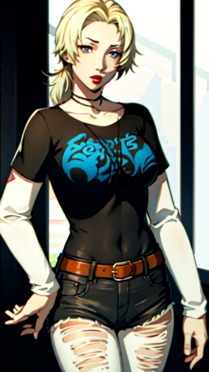 cathfe16, blonde hair, 1girl, solo, standing, black t-shirt, white shirt, blue jeans, belt, lipstick, large breasts