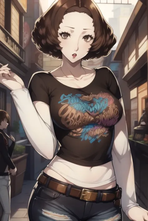 haruokumura, haru okumura, (brown eyes:1.5), brown hair, short hair,1girl, solo, standing, black t-shirt, white shirt, blue jean...