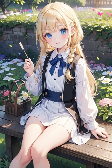 (8k, highest quality, Tabletop:1.2)、Ultra-high resolution、One 8-year-old girl, Perfect Fingers, Detailed face, Blushing, blue eyes, Blonde, Braid, White panties, White blouse, Black vest, garden, flower bed, Sitting on the grass