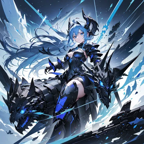 ((high resolution　Blue Hair　long髪　Black Armor　Dragon Knight　Lonely　despair))　((night　Western style　chest　Shining Aura　gloves))　(Big feather　Dance　Blade of Light　Holding a spear　thunder　long　Slashing)　night　star　Slashing　Catch the wind　