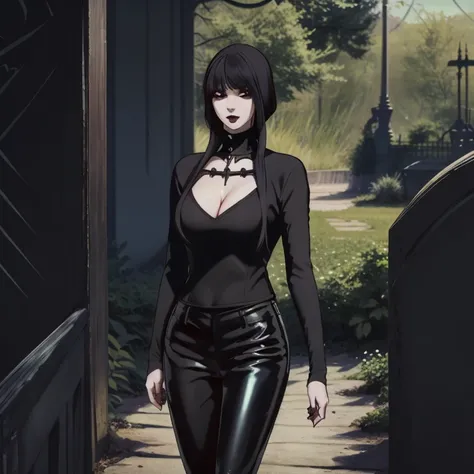 Manhwa goth girl, manhwa aesthetic, Looking at the audience, Light brown eyes:1.4, goth girl, Brunette long Bob Hair with highly detailed shiny hair, bright red clothes:1.4, Lepangas:1.4), illuminated skin (realistic texture), realistic shading, bright red...