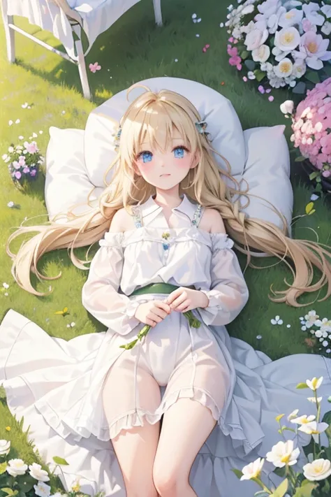 (8k, highest quality, Tabletop:1.2)、Ultra-high resolution、One 17-year-old girl, Perfect Fingers, Detailed face, Blushing, blue eyes, Blonde, Braid, White panties, White dress, garden, flower bed, Lying on the grass