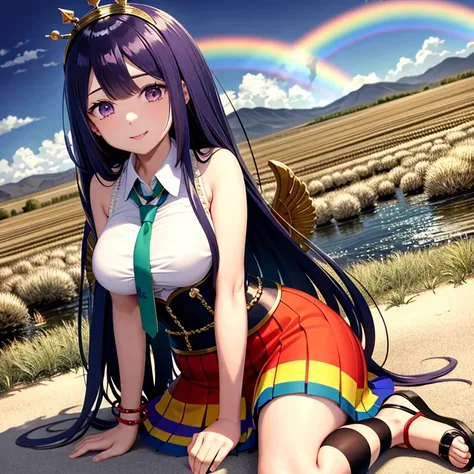 rainbow,Fishing,desert,Cleopatra,Interested々,The,Fukuhara Ai Image,Purple long hair,Large Breasts,Wear a skirt,Wearing a golden crown with wings