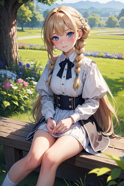 (8k, highest quality, Tabletop:1.2)、Ultra-high resolution、1 girl aged 11, Perfect Fingers, Detailed face, Blushing, blue eyes, Blonde, Braid, White panties, White blouse, Black vest, garden, flower bed, Sitting on the grass