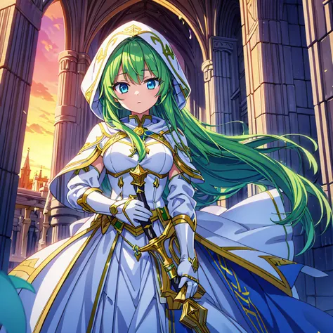 4K,High resolution,One Woman,Green Hair,Long Hair,blue eyes,knight,White Holy Armor,White hood,Gold decoration,Long sword,Outside the church,Sunset background