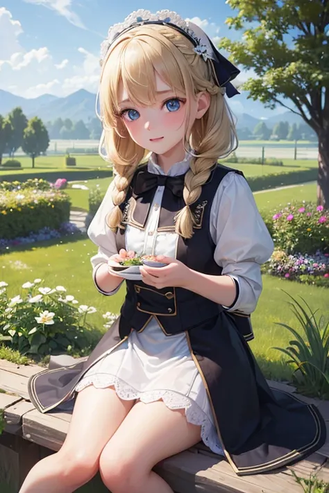 (8k, highest quality, Tabletop:1.2)、Ultra-high resolution、1 girl aged 11, Perfect Fingers, Detailed face, Blushing, blue eyes, Blonde, Braid, White panties, White blouse, Black vest, garden, flower bed, Sitting on the grass