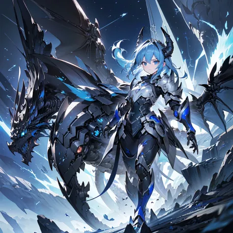 ((high resolution　Blue Hair　long髪　Black Armor　Dragon Knight　Lonely　despair))　((night　Western style　chest　Shining Aura　gloves))　(Big feather　Dance　Controlling Lightning　long　Slashing)　night　star　Slashing　Catch the wind　