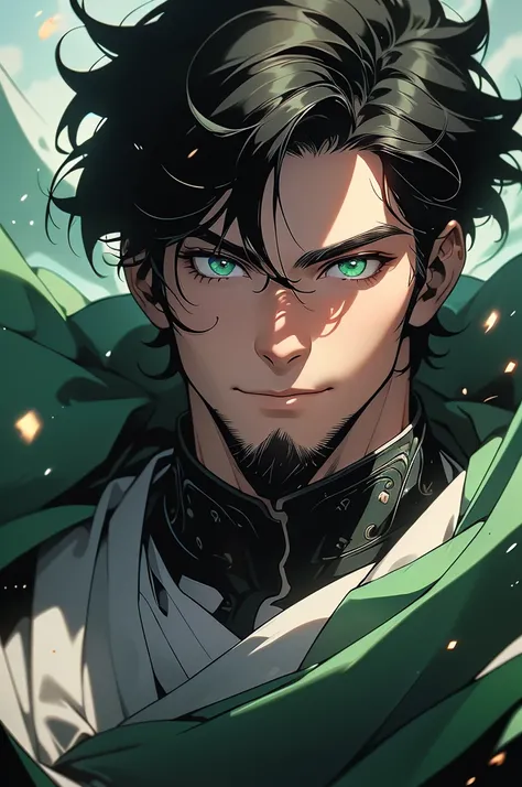 (masterpiece, 8k, 32k, ultra quality image), masculine man, 46 years old, image focused on the characters face, deep green eyes, straight black hair, (character looking fixedly at the viewer, 1.6 smile)