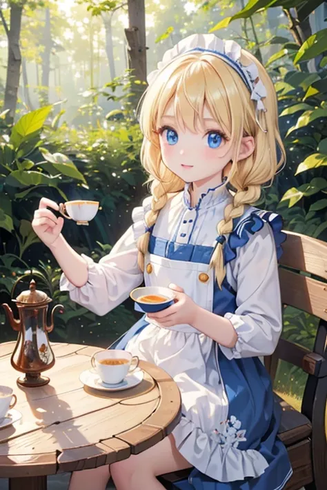 (8k, highest quality, Tabletop:1.2)、Ultra-high resolution、One 8-year-old girl, Perfect Fingers, Detailed face, blue eyes, Blonde, Braid, Blue Apron Dress,  in the forest, Tea party, Drinking tea from a teacup