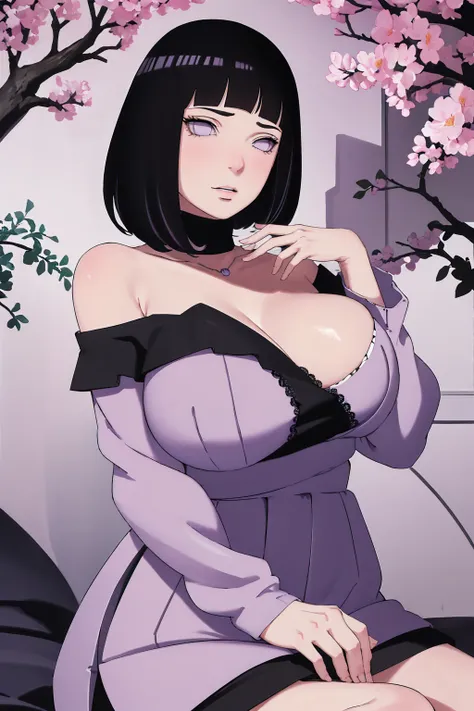 { - anatomy error} (Masterpiece - Ultra-detailed, very high resolution) (huge titusty, masterpiece, absurdres, hinata(boruto), 1girl, solo,mature female, off-shoulder bra, high waist black short skirt, looking at viewelling petals), perfect composition, de...