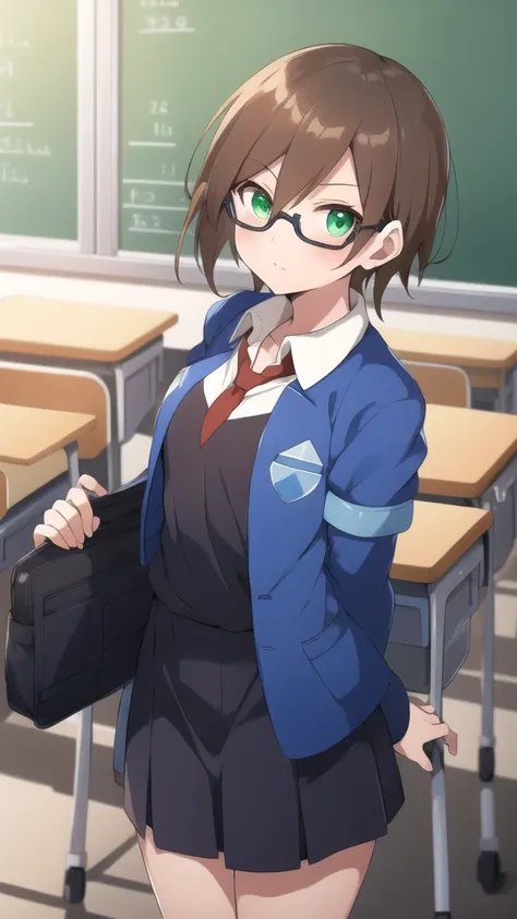 Aile_megamanzx, 1 girl, looking at viewer, Brown hair, green eyes ,classroom background , Glasses, Classroom Clothes 